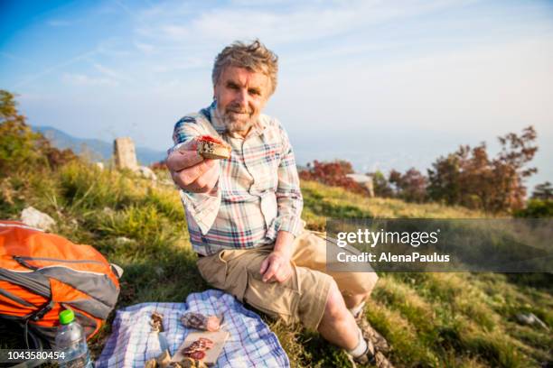 senior wandelaar man het aanbieden van voedsel op de top van de berg - cheese top view stockfoto's en -beelden