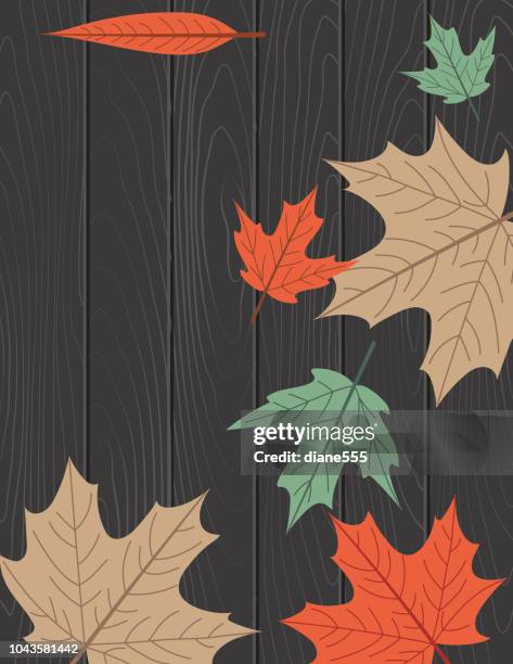 fall leaves border on wood background - fall leaves border stock illustrations