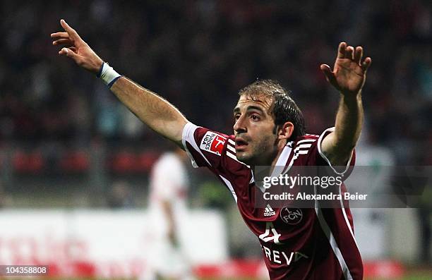 Javier Pinola of Nuernberg celebrates his goal during the Bundesliga first league match between 1. FC Nuernberg and VfB Stuttgart at Easy Credit...