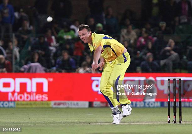 Douglas Bollinger of Chennai Super Kings bowls during the Airtel Champions League Twenty20 match between Chevrolet Warriors and Chennai Super Kings...