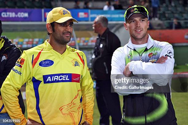 Mahendra Singh Dhoni of Chennai Super Kings and David Jacobs during the Airtel Champions League Twenty20 match between Chevrolet Warriors and Chennai...