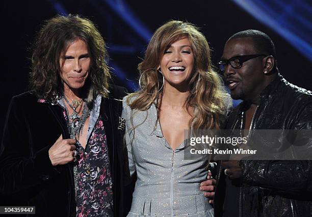 Singers Steven Tyler, Jennifer Lopez and musician Randy Jackson appear onstage at a press conference to officially announce the season 10 "American...