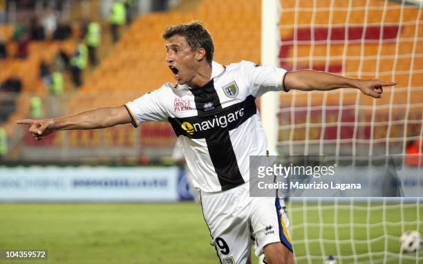 Hernan Crespo of Parma FC celebrates his goal during the Serie A match between Lecce and Parma at Stadio Via del Mare on September 22, 2010 in Lecce,...