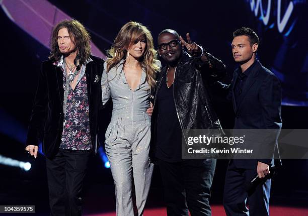 Singers Steven Tyler, Jennifer Lopez, musician Randy Jackson and host Ryan Seacrest appear onstage at a press conference to officially announce the...