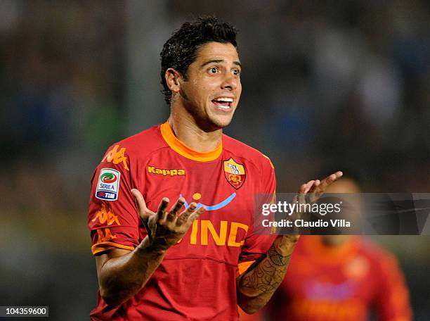 Cicinho of AS Roma reacts during the Serie A match between Brescia and Roma at Mario Rigamonti Stadium on September 22, 2010 in Brescia, Italy.