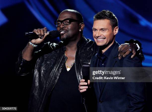 Musician Randy Jackson and host Ryan Seacrest appear onstage at a press conference to officially announce the season 10 "American Idol" judges panel...