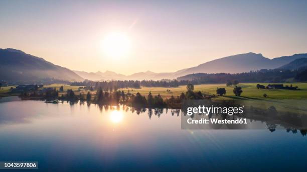 austria, tyrol, kaiserwinkl, aerial view of lake walchsee at sunrise - panoramica horizontal fotografías e imágenes de stock