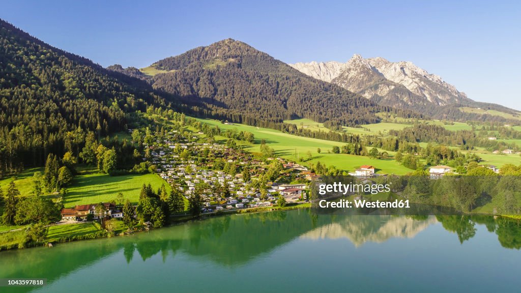 Austria, Tyrol, Kaiserwinkl, Aerial view of lake Walchsee