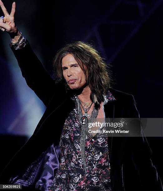 Singer Steven Tyler appears onstage at a press conference to officially announce the season 10 "American Idol" judges panel at The Forum on September...