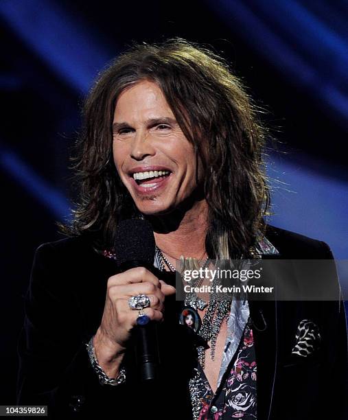 Singer Steven Tyler appears onstage at a press conference to officially announce the season 10 "American Idol" judges panel at The Forum on September...