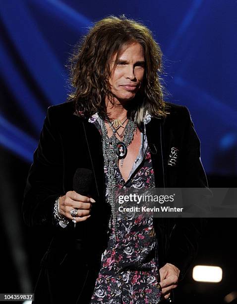 Singer Steven Tyler appears onstage at a press conference to officially announce the season 10 "American Idol" judges panel at The Forum on September...