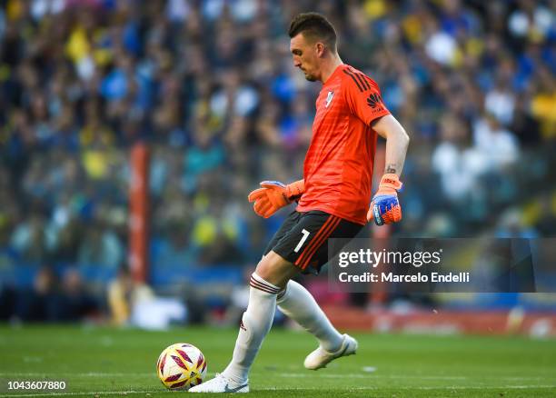 Franco Armani goalkeeper of River Plate kicks the ball during a match between Boca Juniors and River Plate as part of Superliga 2018/19 at Estadio...