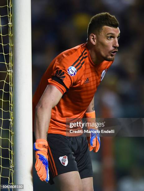 Franco Armani goalkeeper of River Plate gestures during a match between Boca Juniors and River Plate as part of Superliga 2018/19 at Estadio Alberto...