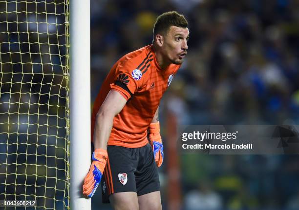 Franco Armani goalkeeper of River Plate gestures during a match between Boca Juniors and River Plate as part of Superliga 2018/19 at Estadio Alberto...