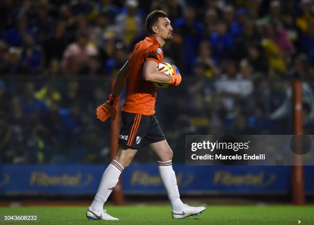 Franco Armani goalkeeper of River Plate controls the ball during a match between Boca Juniors and River Plate as part of Superliga 2018/19 at Estadio...