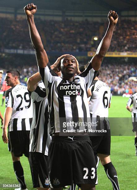 Shola Ameobi celebrates after he scored Newcastle's fourth goal with a free kick during the Carling Cup 3rd round match between Chelsea and Newcastle...