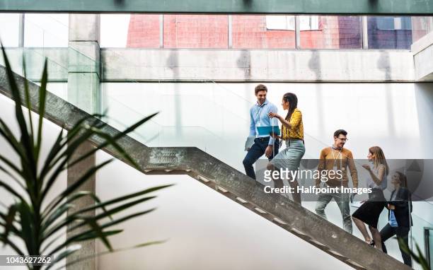 a group of businesspeople walking up the stairs in the modern building, talking. - hinauf bewegen stock-fotos und bilder