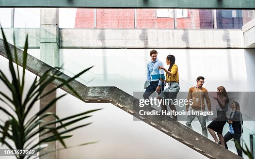 A group of businesspeople walking up the stairs in the modern building, talking. A group of businesspeople walking up the stairs in the modern building, talking.