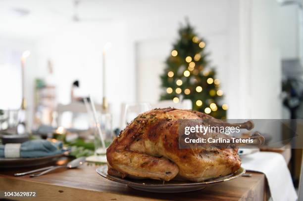 roast turkey on a beautiful christmas table - turkey fotografías e imágenes de stock