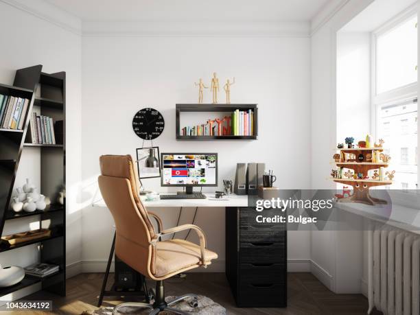 cozy scandinavian style home office - continental_shelf stock pictures, royalty-free photos & images