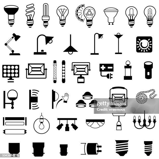 illustrazioni stock, clip art, cartoni animati e icone di tendenza di icone degli apparecchi di illuminazione e delle attrezzature - lampada elettrica