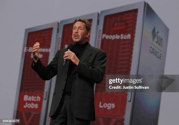 Oracle CEO Larry Ellison delivers a keynote address during the 2010 Oracle Open World conference on September 22, 2010 in San Francisco, California....