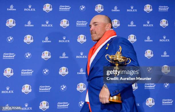 Captain Thomas Bjorn of Europe attends a press conference after Team Europe win the 2018 Ryder Cup following singles matches of the 2018 Ryder Cup at...