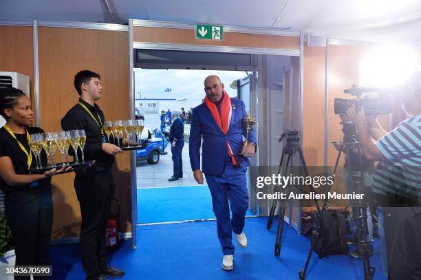 Captain Thomas Bjorn of Europe attends a press conference after Team Europe win the 2018 Ryder Cup following singles matches of the 2018 Ryder Cup at...