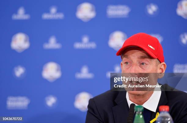 Captain Jim Furyk of the United States attends a press conference after the singles matches of the 2018 Ryder Cup at Le Golf National on September...