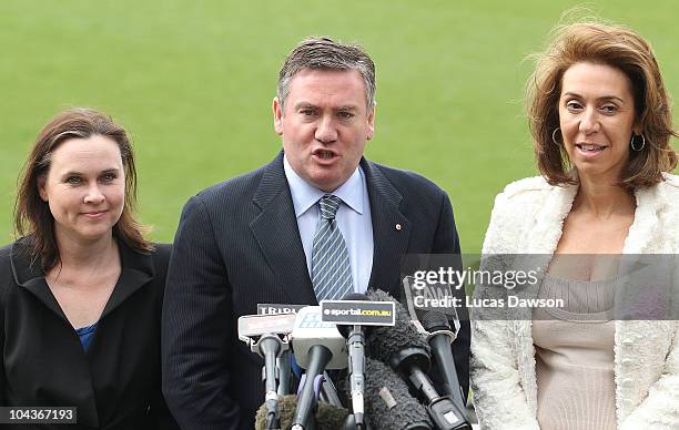 Jane Garret,Eddie McGuire and Heloise Waislitz's talk to the media after announcing a new community centre at Victoria Park during a Collingwood...