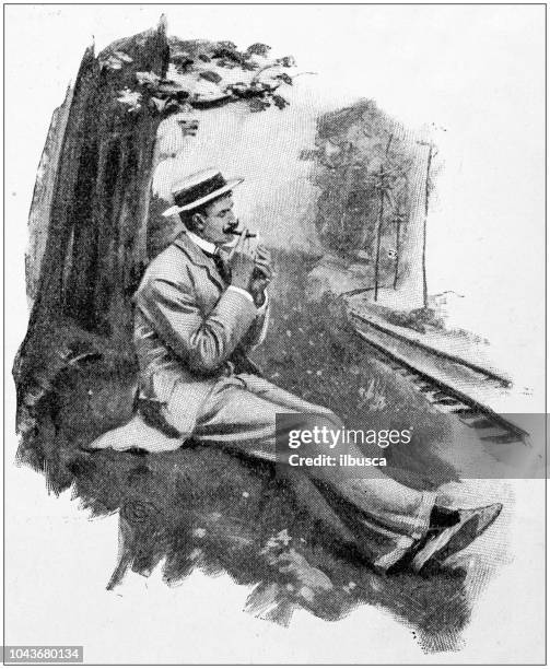 antique painting illustration: smoking cigar - cigar stock illustrations