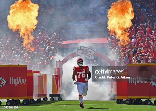 Offensive tackle Laurent Duvernay-Tardif of the Kansas City Chiefs is introduced prior to a game against the San Francisco 49ers on September 23,...