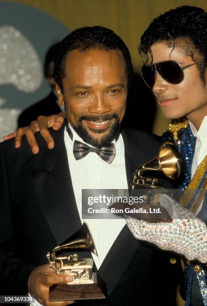 Producer Quincy Jones and singer Michael Jackson attend 26th Annual Grammy Awards on February 28, 1984 at the Shrine Auditorium in Los Angeles,...