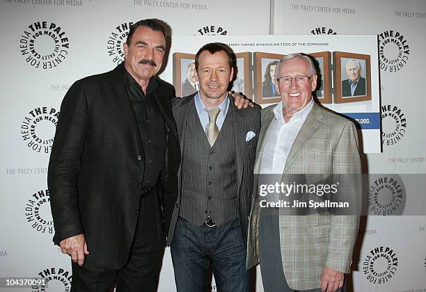 Actors Tom Selleck, Donnie Wahlberg and Len Cariou attend the "Blue Bloods" screening at The Paley Center for Media on September 22, 2010 in New York...