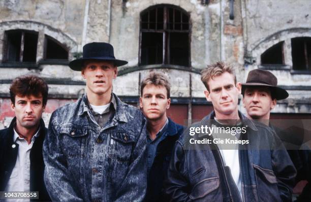 Portrait of Midnight Oil, Ghent, Belgium, 29th May 1988. L-R Rob Hirst, Peter Garrett, Martin Rotsey, Bones Hillman, Jim Moginie.