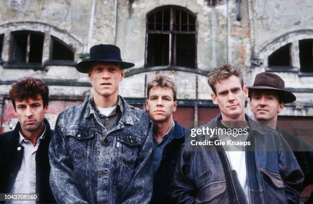 Portrait of Midnight Oil, Ghent, Belgium, 29th May 1988. L-R Rob Hirst, Peter Garrett, Martin Rotsey, Bones Hillman, Jim Moginie.