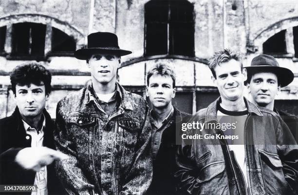 Portrait of Midnight Oil, Ghent, Belgium, 29th May 1988. L-R Rob Hirst, Peter Garrett, Martin Rotsey, Bones Hillman, Jim Moginie.