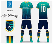 Soccer jersey or football kit template for football club. Blue and green gradient football shirt with sock and blue shorts mock up. Front and back view soccer uniform. Football logo design. Vector.