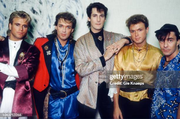 Portrait of Spandau Ballet, Tony Hadley, Gary Kemp, Martin Kemp, John Keeble, Steve Norman, Brielpoort, Deinze, Belgium, 2nd February 1985.