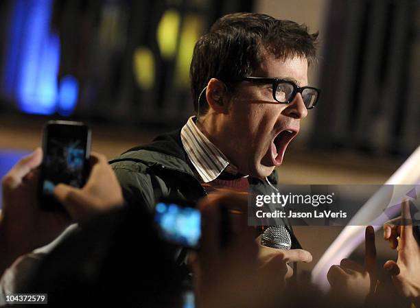 Rivers Cuomo of Weezer performs at the AXE Music "One Night Only" concert series at Dunes Inn Motel - Sunset on September 21, 2010 in Hollywood,...