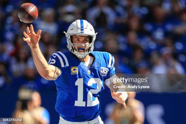 Andrew Luck of the Indianapolis Colts throws a pass in the 2nd quarter against the Houston Texans at Lucas Oil Stadium on September 30, 2018 in...