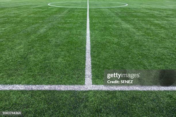 painted lines on soccer field - football pitch stockfoto's en -beelden
