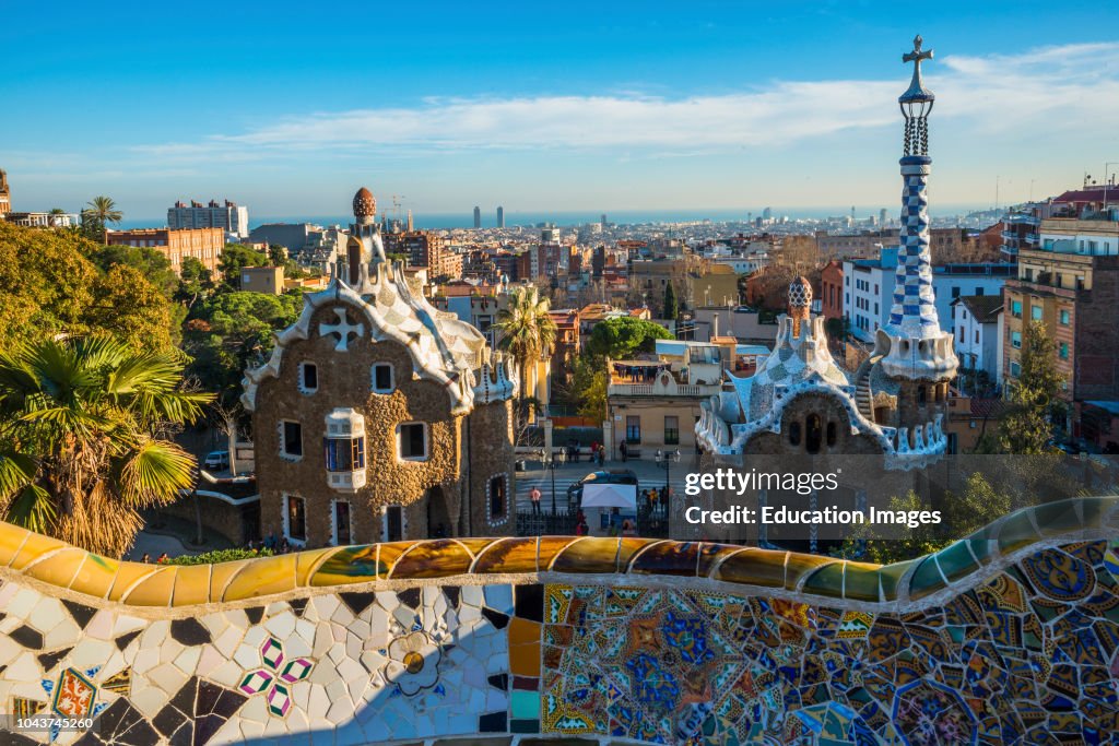 Spain, Catalonia, Barcelona, Park Guell houses with views over the city, by architect Antoni Gaudi