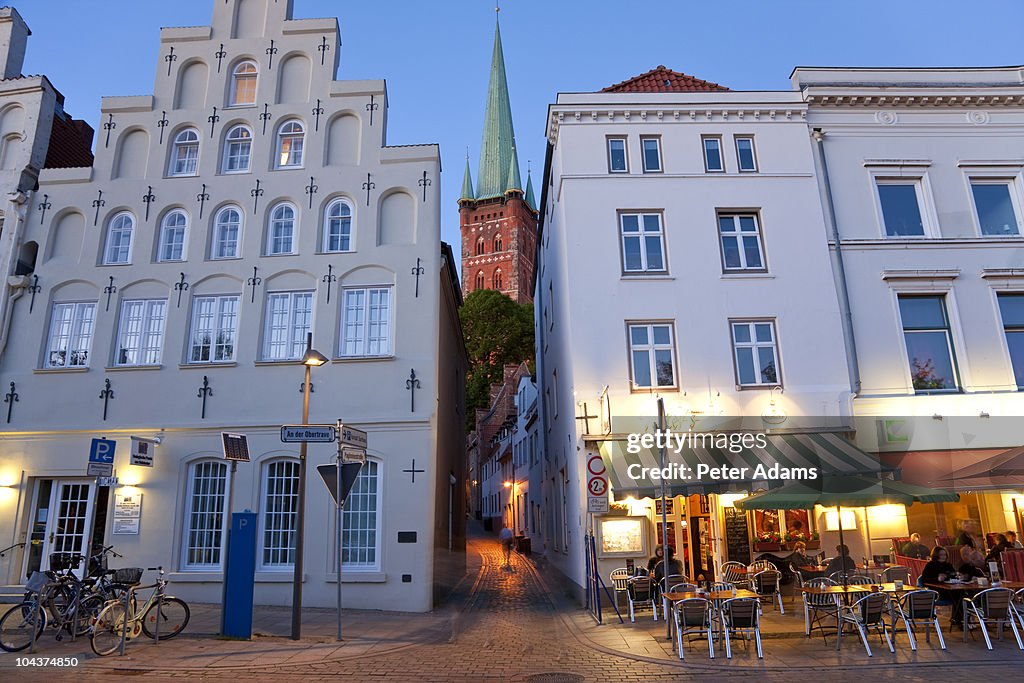 St Petri Church & cafe at dusk, Lubeck, Germany