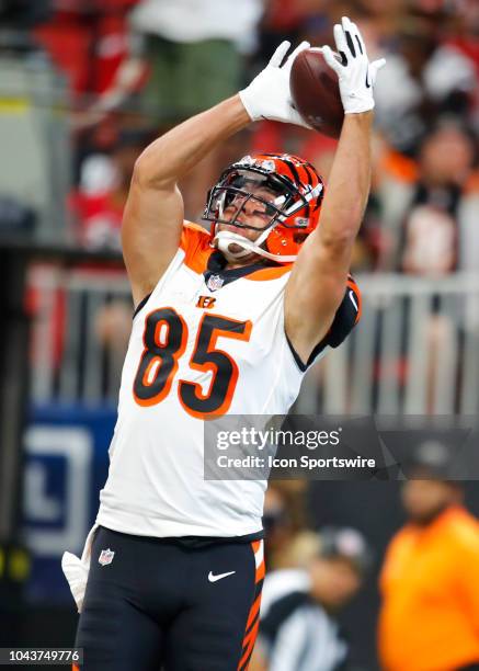 Cincinnati Bengals tight end Tyler Eifert leaps for a touchdown reception in an NFL football game between the Cincinnati Bengals and Atlanta Falcons...