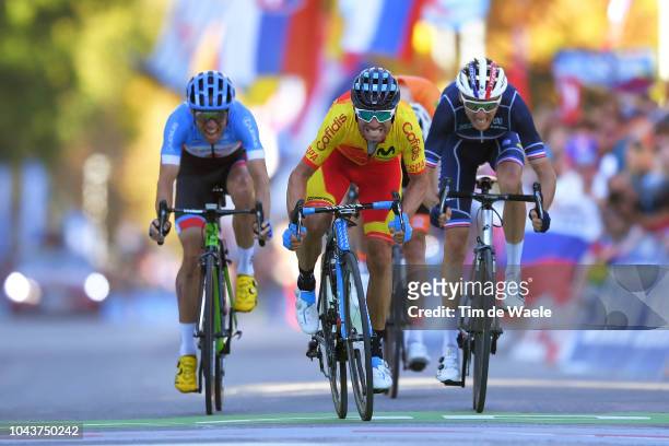Arrival / Sprint / Alejandro Valverde of Spain / Romain Bardet of France / Michael Woods of Canada during the Men Elite Road Race a 258,5km race from...