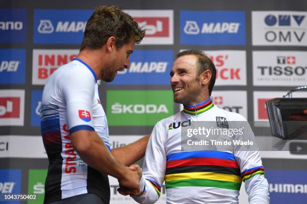 Podium / Peter Sagan of Slovakia / Alejandro Valverde of Spain Gold Medal / Celebration / during the Men Elite Road Race a 258,5km race from Kufstein...