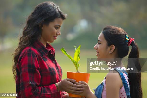close up of a smiling young girl giving a plant in a flower pot to her mother outdoors. - pot plant gift stock pictures, royalty-free photos & images