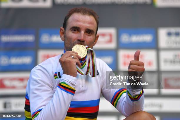 Podium / Alejandro Valverde of Spain Gold Medal / Celebration / during the Men Elite Road Race a 258,5km race from Kufstein to Innsbruck 582m at the...