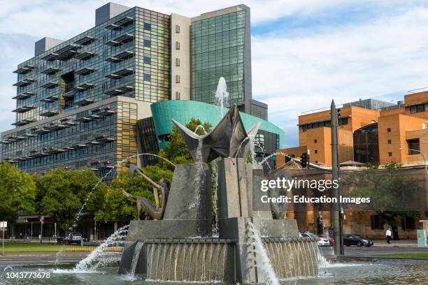The Three Rivers fountain commemorates the visit of Queen Elizabeth II and the Duke of Edinburgh in 1963 Victoria Square, Adelaide South Australia.